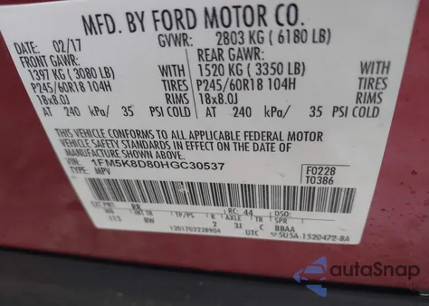 2017 Ford Explorer Xlt from USA, damaged, VIN 1FM5K8D80HGC30537